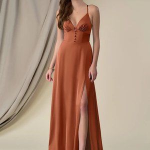 Satin A-Line Floor-Length Gown with Side Slit - Cedar Rose / Burnt Orange -